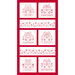 A fabric panel featuring 8 blocks, 6 white squares with red outlines of homes and gardens, and two smaller strip blocks with florals bordered by bold red borders.