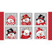 A panel of six cheerful snowmen in festive hats and scarves on a gray background, surrounded by snowflakes.