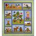 A colorful quilt featuring whimsical animal and nature appliqués in playful scenes across various blocks.