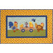 A colorful quilt depicting a rooster, two chickens, a mouse, and ducklings in a wooden cart.