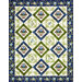 A patterned quilt featuring diamond shapes, floral motifs, and basket designs in green and blue hues.