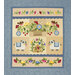 Colorful fabric quilt featuring floral patterns, two sheep, and a basket in a whimsical design.