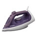 A purple and white Panasonic steam iron with a pointed soleplate and control buttons on the handle.