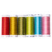 Six spools of colorful sewing thread arranged in a row, featuring red, gold, green, blue, and pink hues.