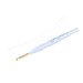 The Bohin punch needle, a very light powder blue, and a long needle threader, isolated on a white background.