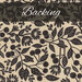 Textured cream fabric swatch with a sprawling black design of leaves, stylized florals, and berries. A black banner at the top reads 