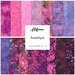 A fabric collage of bright pink and deep purple floral batiks. 