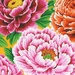 Colorful floral pattern featuring various peonies in shades of pink, orange, and white against a yellow background