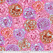 Colorful floral pattern featuring various carnations in shades of pink, purple, and orange on a pink fabric with of 24