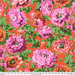 Vibrant floral pattern featuring pink and orange flowers against a bright orange background with a 24