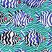 aqua-blue fabric with oceanic fish and wavy stripes.