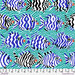 A colorful pattern of striped fish in blue, black, and white swimming over turquoise wavy water with a 12