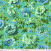Floral pattern featuring large, vibrant blue and green flowers on a turquoise fabric with a 24