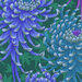 Pattern of colorful flowers in shades of blue and purple on a green background