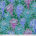 Pattern of colorful flowers in shades of blue and purple on a green background with a 24
