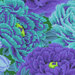 A vibrant pattern of purple and blue flowers with green leaves, creating a lush, floral design