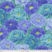 A vibrant pattern of purple and blue flowers with green leaves, creating a lush, floral design with a 24