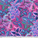 Vibrant fabric with patterned leaves in shades of purple, blue, and green with a 24