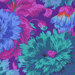 Colorful floral pattern featuring blue and teal flowers against a vibrant purple background