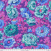 Colorful floral pattern featuring blue and teal flowers against a vibrant purple background with a 24