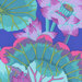 A vibrant pattern of pink and purple lotus flowers and green lily pads against a blue fabric.