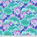 A vibrant pattern of pink and purple lotus flowers and green lily pads against a blue fabric with a 24