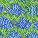 Lime green fabric with a oceanic pattern of wavy stripes and fish. 