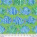 Lime green fabric featuring a oceanic pattern of wavy stripes and fish with a 12