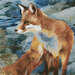 An 8x8 swatch of the fox fabric, showing detail and scale. A watercolor fox stands on blue rocks in the middle of a forest.