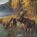Scan of the panel fabric featuring two moose in a woodland scene.