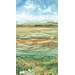 The full width of fabric featuring a landscape of grassy hills and a cloudy blue sky