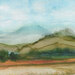 Watercolor fabric featuring rolling hills, soft clouds, and a foreground of colorful fields.