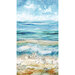 The full width of fabric featuring an ocean shoreline with seashells and a cloudy blue sky