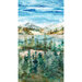 The full width of fabric featuring a landscape with mountains and trees with a blue cloudy sky