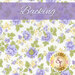 A swatch of white fabric with purple and yellow florals, with a purple banner at the top that reads 