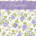 A swatch of white fabric with purple and yellow florals, with a purple banner at the top that reads 