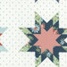 White fabric with large patchwork quilting stars on a background of simplified blue fleur de lis.