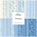 A collection of blue and white fabric patterns with a label reading Penelope by Riley Blake Designs.