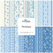 A collection of blue and white fabric patterns with a label reading Penelope by Riley Blake Designs.