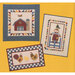 Three colorful quilts featuring a barn, a scarecrow, and chickens on a bright yellow background.