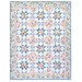 A floral-patterned quilt featuring blue and pink colors with a geometric design isolated on a white background