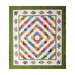 Colorful quilt featuring a diamond design, bordered by floral motifs on a green background.