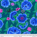 Blue and pink floral pattern on a teal background, featuring various large blossoms and greenery.