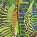 Colorful tropical feathers with bold patterns in shades of green, orange, and blue.