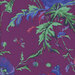 Vibrant floral and insect pattern on a deep purple background, featuring leaves and colorful blooms.