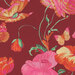 Vibrant floral pattern featuring large pink and orange flowers and butterflies on a deep red background.