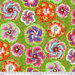 Brightly colored floral pattern featuring large hibiscus-like flowers on a green background.