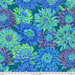 A vibrant pattern of blue and green flowers with varied shapes and sizes on a dark background.