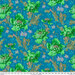 Floral fabric design featuring green leaves and large blooms on a blue background with small purple flowers.