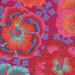 Vibrant floral pattern with large red, pink, and turquoise flowers against a magenta background.